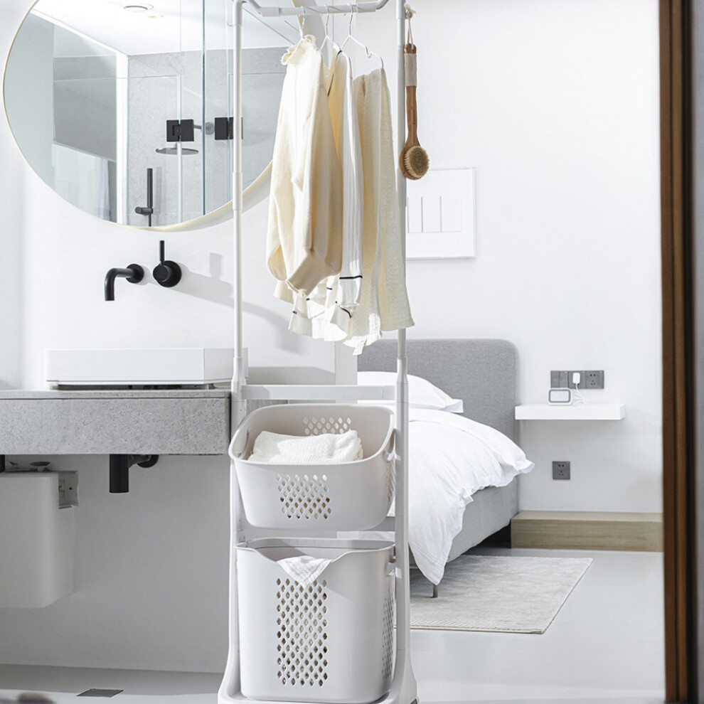 2-Tier Plastic Rolling Laundry Baskets with Hanging Rack