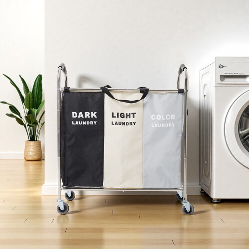 Living And Home 240L 3-Section Laundry Basket with Wheels 1