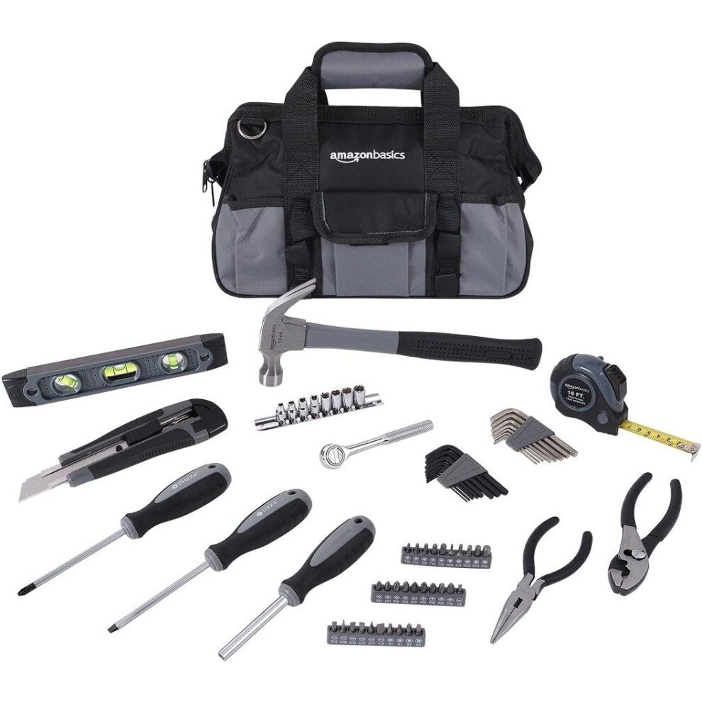 Amazon Basics 65 Piece Home Basic Repair Tool Kit Set With Bag  Silver  Black