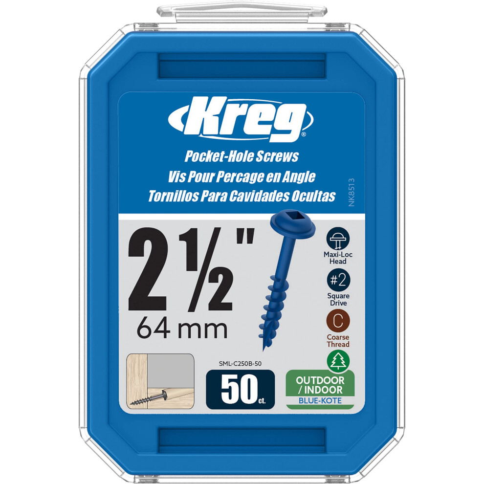 Kreg Sml-C250b-50 Blue Kote Pocket Screws 2 1/2-Inch Coarse Thread Maxi-Loc Head (50 Count) 647096415785