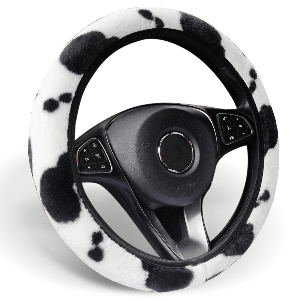 Alemodr Cow Print Plush Steering Wheel Cover Fluffy Winter Warm Universal 15 Inch For Women Girls 782937918930