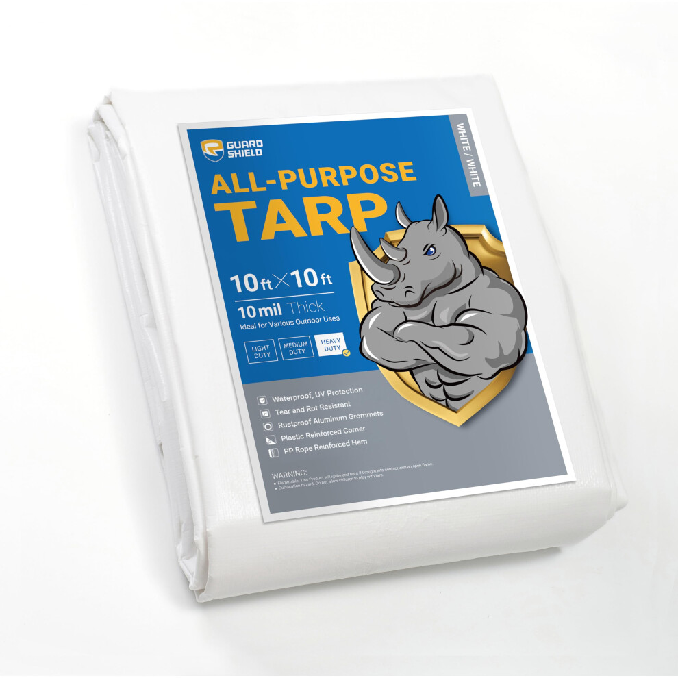 GUARD SHIELD Heavy Duty Tarp 10x10 Feet White Multi Purpose Thick Waterproof Poly Tarp Cover 10mil-image-OPC-PGHS7K8-NEW
