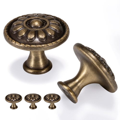 Fecraf 5 Pack Antique Brass Cabinet Knobs Vintage Round Dresser Knobs Solid Brass Diameter-1.18in