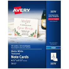 Avery printbare notekort med konvolutter 4,25"""" x 5,5"""" teksturerede hvide 50 tomme notekort til inkjetprintere (03379)