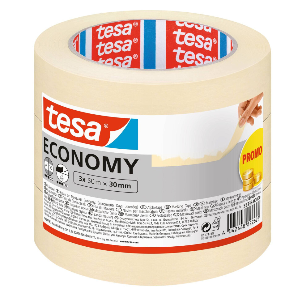 Tesa Masking Tape Economy Ecologo - Painters Tape 4 Days Residue-Free Removal Without Solvent - Narrow 3X 50 M X 30 Mm 795186774165