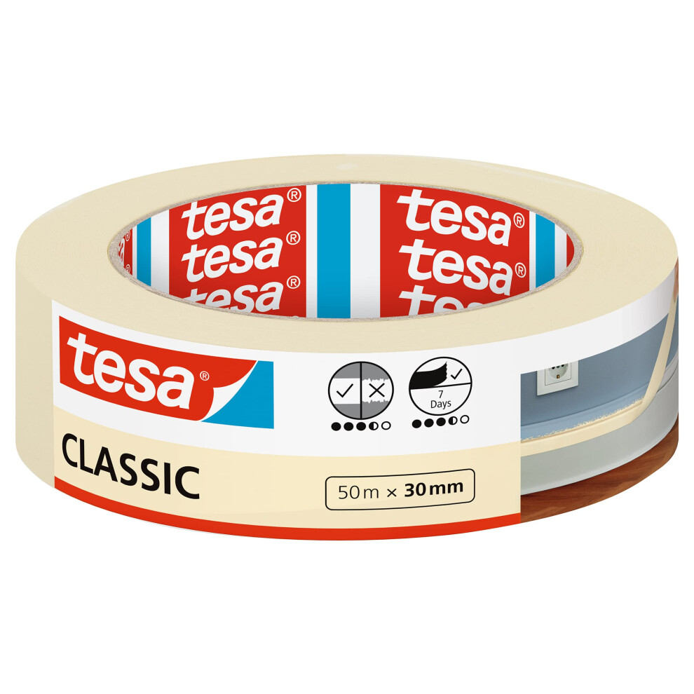 Tesa Masking Tape Classic - Painter's Tape For Masking During Painting Work - Solvent-Free Removable Without Residue - 50 M X 30 Mm 4042448502445