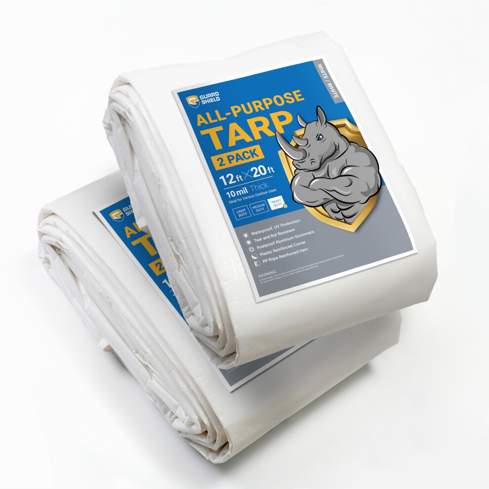 GUARD SHIELD Tarps Heavy Duty Waterproof 12x20 Feet White Poly Tarp Cover Outdoor Thick UV Resistant Tarpaulin with Grommets 10mil (2-Pack)-image-OPC-PGHSBJ8-NEW