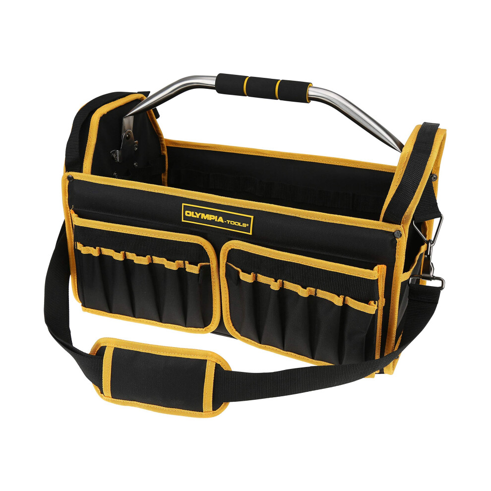 Olympia Tools 87-745 Open Top with Steel Handles and Shoulder Strap Tote Tool Bag  18-1/2 Inch  Black and Yellow  44 Pockets inside & outside