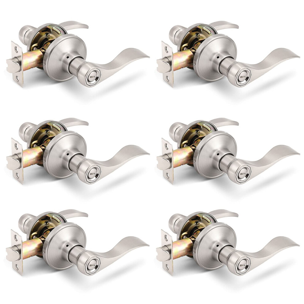 Gobrico 6 Pack Privacy Locksets Interior Door Levers/Handles For Bedroom Bath Wave Levers Right Left Handed Door Knobs Satin Nickel Finished 710328074828