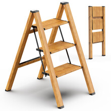 SOLADDER 3-stufige Leiter, rutschfest, klappbar, Aluminium, leicht, mit breitem Pedal, platzsparend fόr Haushalt und Kόche - Holzoptik (150 kg)