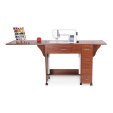 Arrow Classic Sewing Furniture Alice Compact Mid-Size Sewing Cabinet with Hydraulic Machine Lift Drawers Expandable Leaves Locking Wheels - Teak