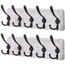 Dseap Coat Rack Wall Mounted - 5 Tri Hooks Heavy Duty Wooden Wall Coat Hanger Coat Hook for Clothes Hat Jacket Clothing White & Black Pack of 2