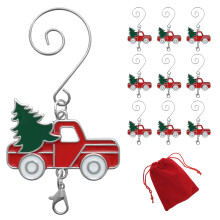 Red Truck Christmas Ornament Hook and Lobster Claw - Set of 10 - Enameled Red Truck with Green Tree & White Wheels - Accent for Hanging Ornaments 3 L