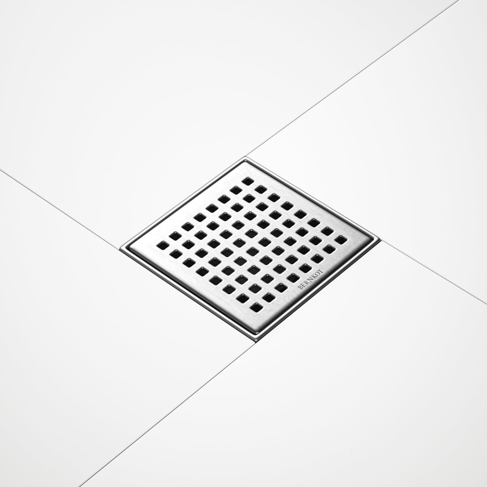 Bernkot Square Shower Drain 4 304 Stainless Steel Floor Drain With Grid Drain Cover & Hair Strainer Retrofit Shower Drain W/Cupc Certified Brushed 723497029407