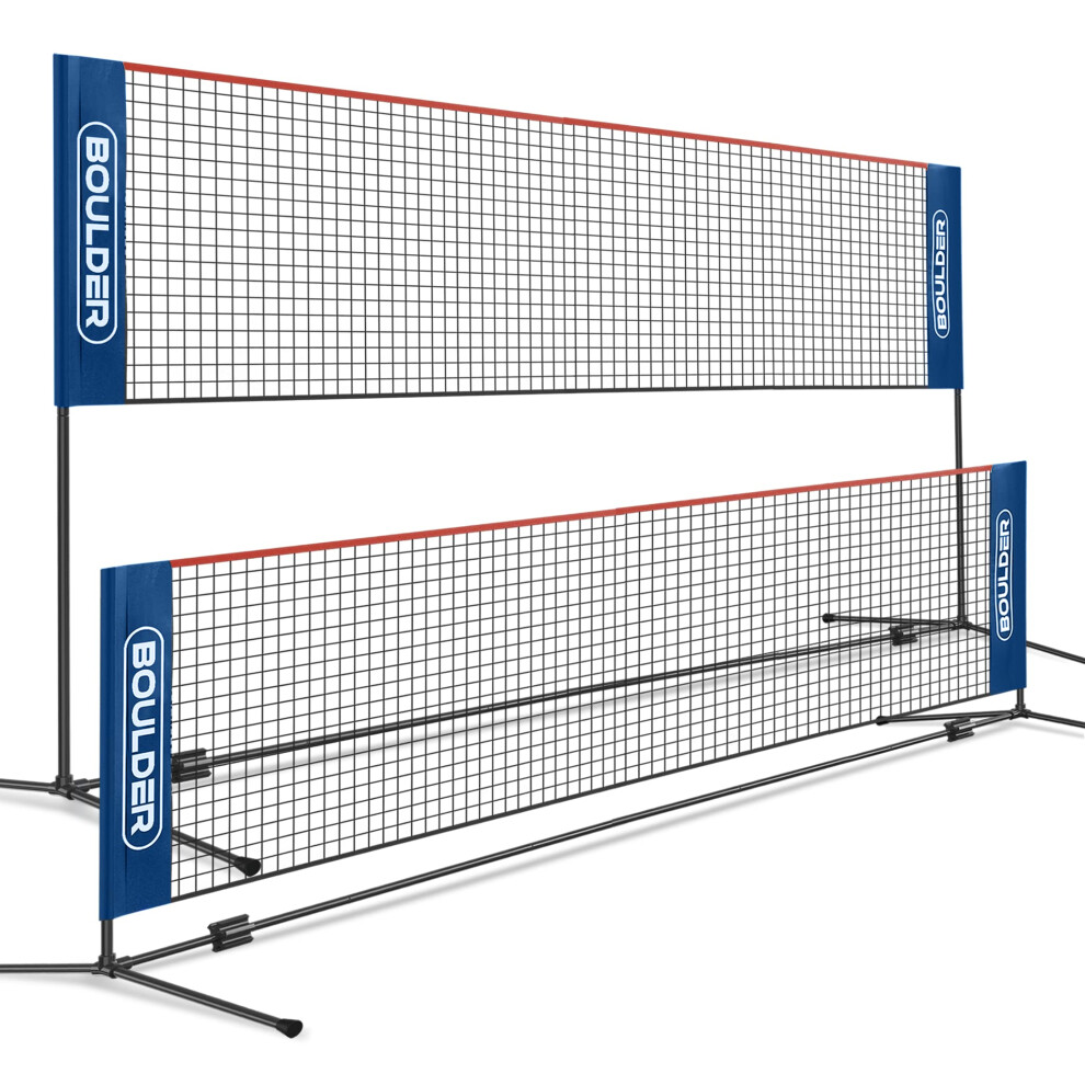 BOULDER Portable Badminton Net Set - for Tennis  Soccer Tennis  Pickleball  Kids Volleyball - Easy Setup Nylon Sports Net with Poles (Blue/Red  14 FT)