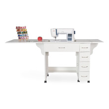 Arrow Classic Sewing Furniture Alice Compact Mid-Size Sewing Cabinet with Hydraulic Machine Lift Drawers Expandable Leaves Locking Wheels - Ash Whi