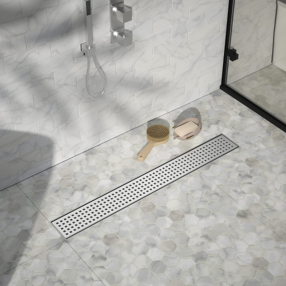Bernkot Linear Shower Drain 26 304 Stainless Steel Floor Drain With Grid Drain Cover & Hair Strainer Rectangular Shower Drain W/Cupc Certified Brus 723497344722