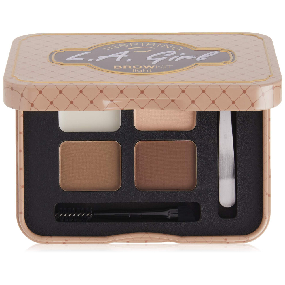 L.A. Girl Inspiring Brow Kit  Light and Bright (Light)  Brow Wax 0.035 oz.  Brow Powder 0.15 oz.  Includes Tweezers and Dual Ended Brush with Spoolie