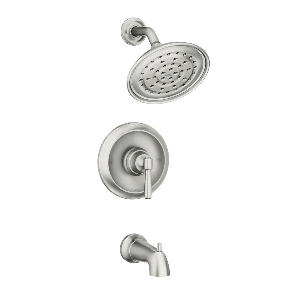 Ensemble de garniture de baignoire et de douche Moen Halle Spot Resist Posi-Temp en nickel brossé avec pommeau de douche, poignée à levier et bec