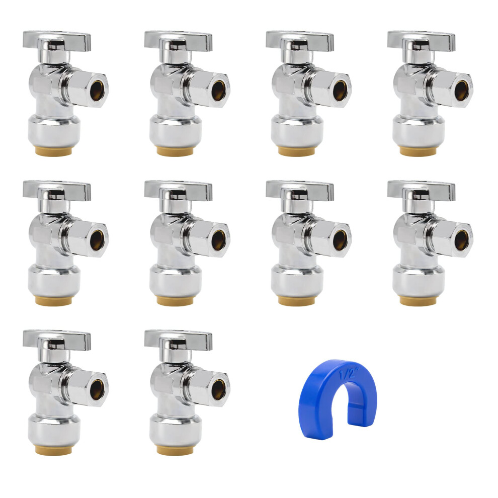 Purageir 10 Pack Pushfit Angle Stop Faucet Valve 1/2 Push-Fit X 3/8 Comp Quarter Turn 1/2 Nom X 3/8 Compression Shut Off Water Valve Pex Copper Cp 768477718292