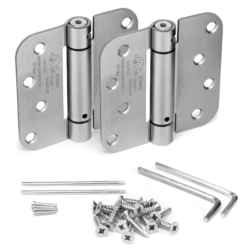 KS Hardware Mortise Spring Hinge  Automatic Self Closing Door Hinges with Complete Installation Hardware  4 X 4 with 5/8 Radius Corners  2 Pack  Satin