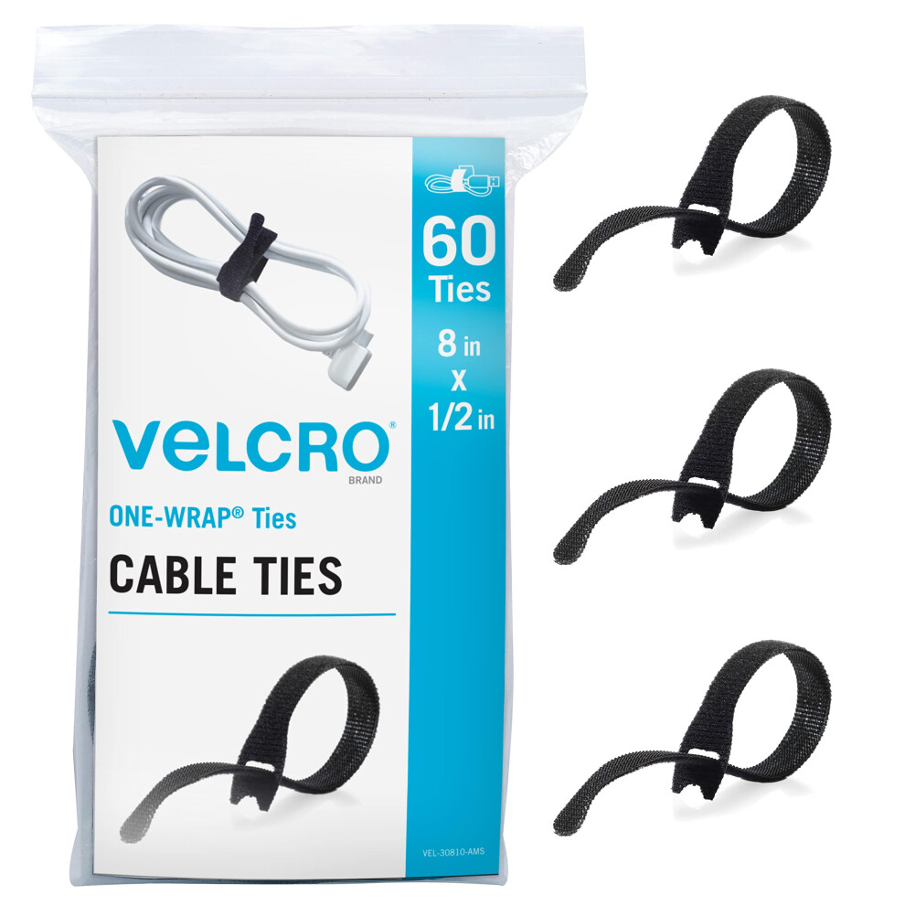 VELCRO Brand Heavy Duty Cable Ties Reusable | 60Pc Bulk Pack | 8 x 1/2 ONE-WRAP Straps  Black | Strong Wire Management | Cord Bundling for Home Office