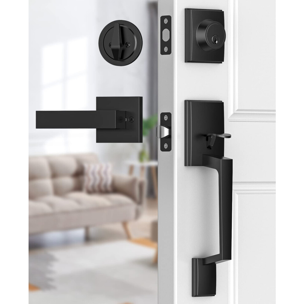 Brightify Black Front Door Handle With Door Lever Matte Black Modern Exterior Door Adjustable Deadbolt Lock Set With Single Cylinder Reversible Fo 793811901436