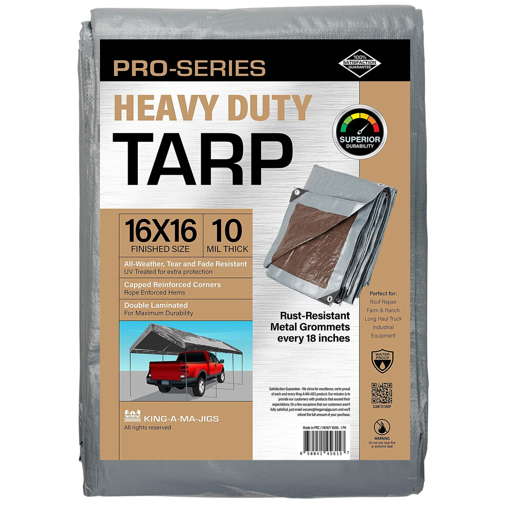 16X16 Heavy Duty Tarp 10 Mil Thick Waterproof Tear & Fade Resistant High Durability Uv Treated Grommets Every 18 Inches. (Silver/Brown - Reversi 850041456157
