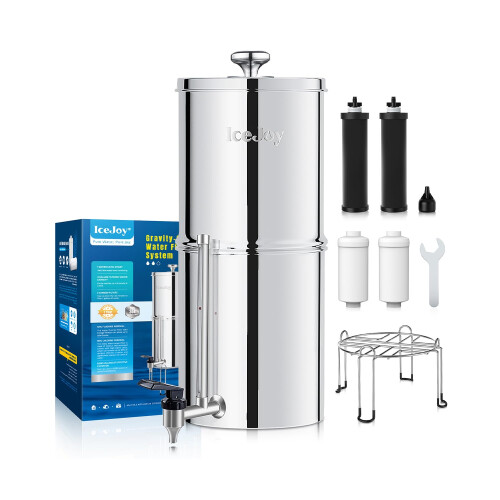 IceJoy 8-Stage Gravity Water Filtration System 3.0 Gallon - 304 Stainless Steel Countertop System with 4 Filters and Stand  Reduce 99.9% Chlorine  NSF