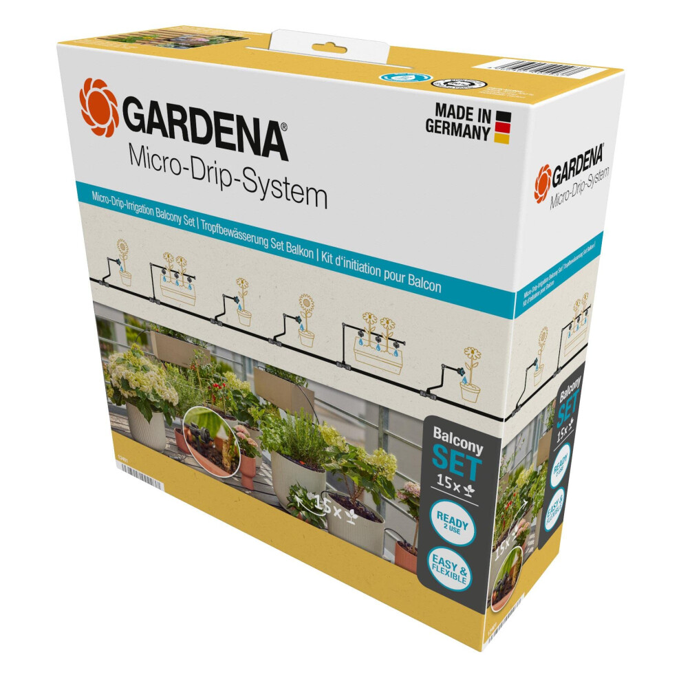 Gardena Micro-Drip-System Drip Irrigation Set Balcony (15 Plants): Starter Set Ready To Use Water-Saving Irrigation System Simple & Flexible Connec