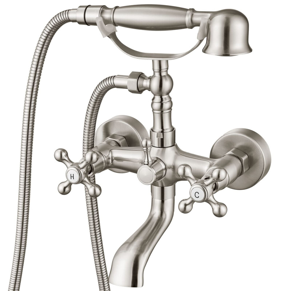 Robinet de baignoire mural Aolemi en Nikcel bross   , poign   e double crois   e, bec pivotant, mitigeur de lavabo vintage en forme de t   l   phone
