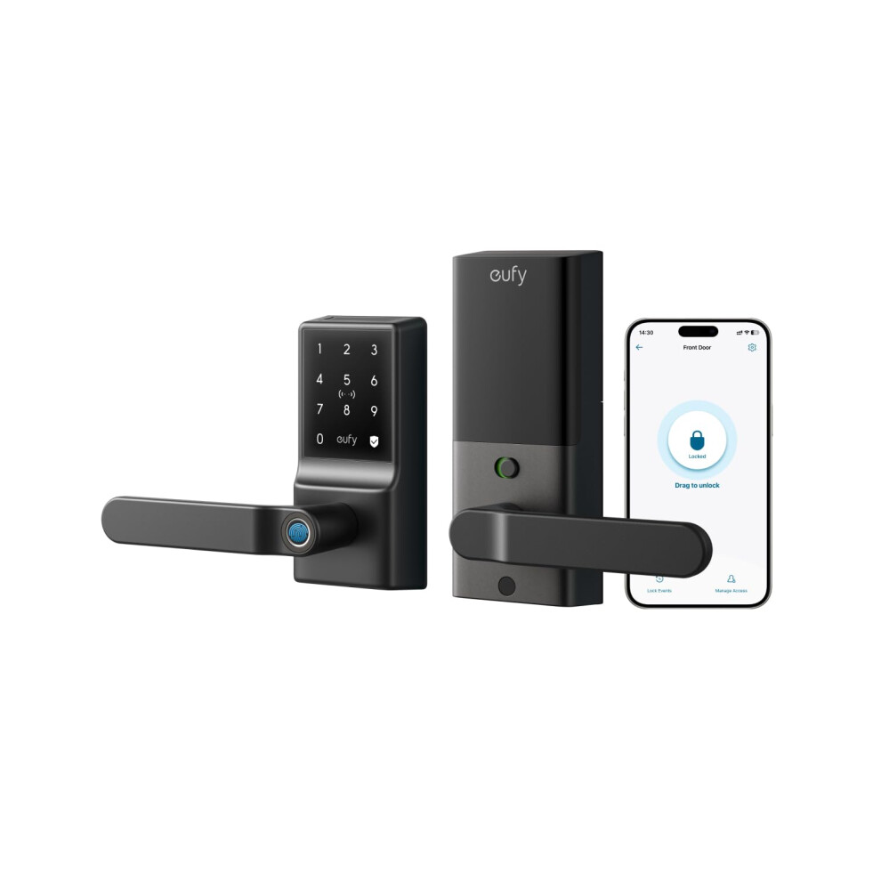 eufy Smart Lock C33  Keyless Fingerprint Door Lock with Handle  Integrated Wi-Fi  Remote Control via App  Biometric Entry Knob  Auto-Locking  IP53 Wat