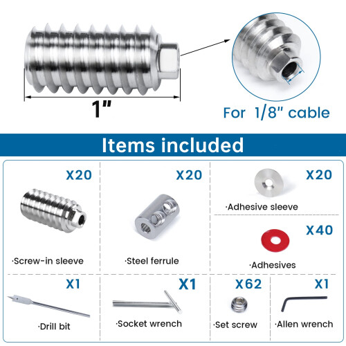 Muzata 20Pack 1/8" Αόρατο Κιτ Καλωδίων Ράγας με Υποδοχή για Ξύλινες Κολόνες 4"-8" 2