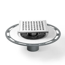 Dreno de Chuveiro Quadrado Bernkot, 6" Escovado com Flange de PVC e Grelha de Aço Inoxidável