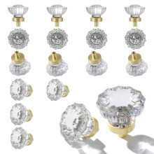 Crystal Knobs for Drawers 16 Pack Brushed Gold Glass Knob Vintage Cabinet Antique Pulls for Drawer Closet Dresser Cupboard 1.5 Inch Satin Brass Base