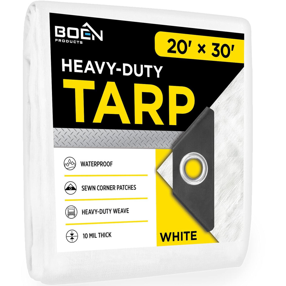 Heavy Duty Tarp Waterproof Large Cover |White 20' X 30' 10 Mil Thick | Rip Proof Tarps | Thick Weave Material Uv Resistant Great For Tarpaulin Canop 3413984182872