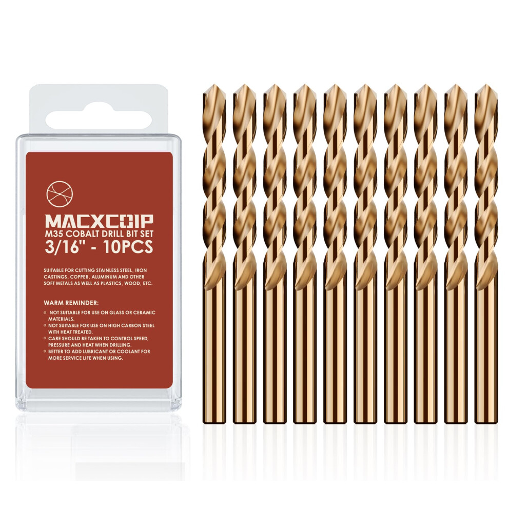 Macxcoip 3/16 Zoll (10 Stuck) Kobalt-Bohrer-Set, M35 Schnellarbeitsstahl, Bohrer-Set In Jobber-Lange Fur Gehartetes Metall, Edelstahl, Gusseisen,-image