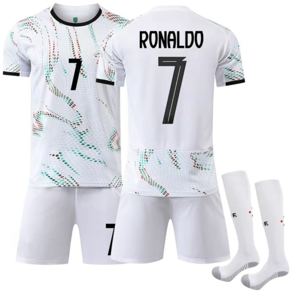 (26(140-150CM)) 25/26 White Portugal Away Activewear Soccer No.7 Ronaldo Fans Training Football Jersey Athletic Outfit Sets Mens/Kids Soccer Jersey Football Uniform