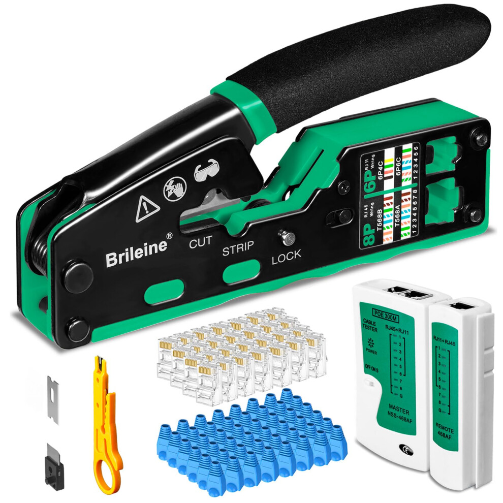 Rj45 Crimp Tool Pass Through Kit Ethernet Crimper Cat5 Cat5e Cat6 Crimping Tool For Rj11/12 6P/8P With Network Lan Cable Tester 50Pcs Cat6 Connectors 783053813406