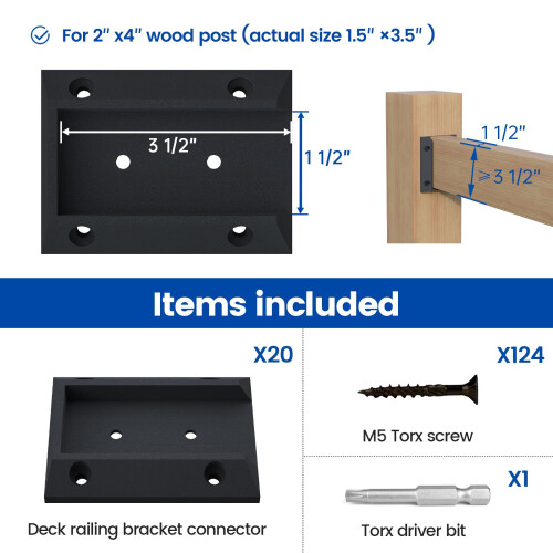 Muzata 40Pcs Deck Railing Brackets Connectors Support Kit for 2x4(1.5"d73.5") Rail with 246 Screws 1