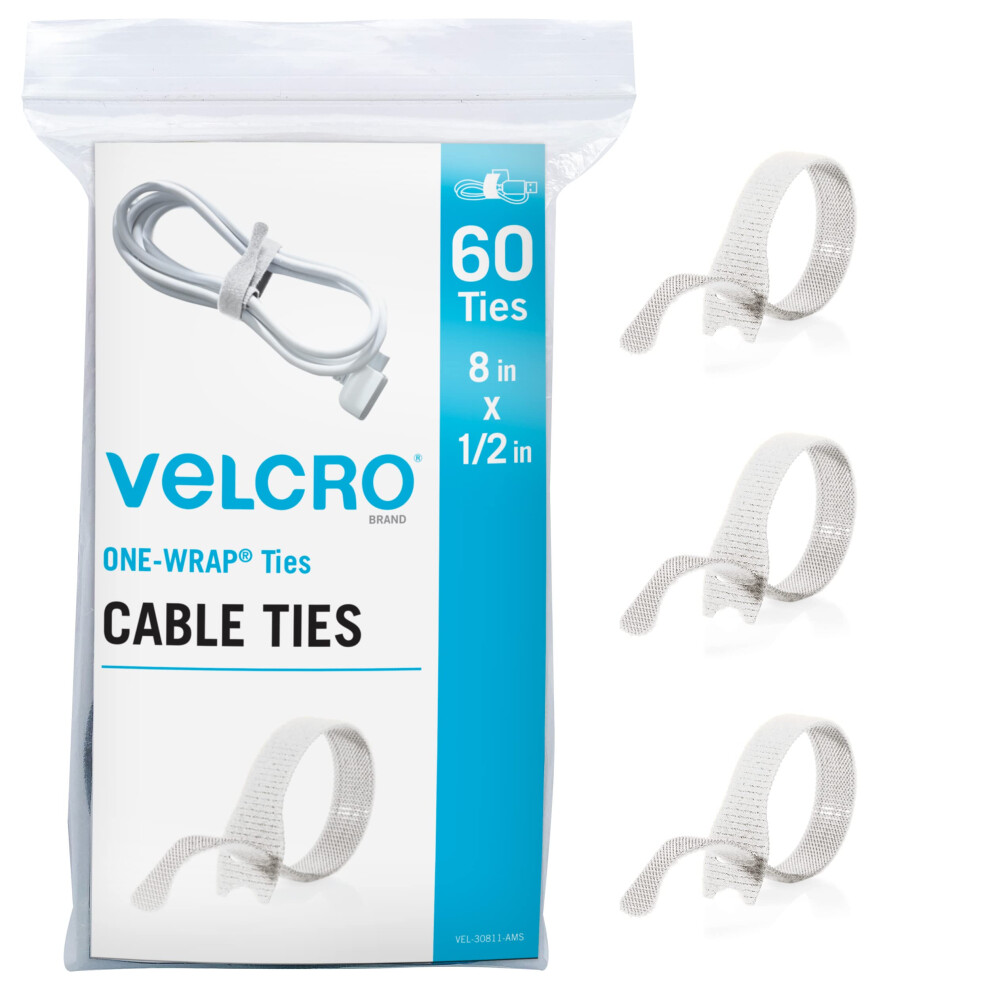 VELCRO Brand White Cable Ties Heavy Duty | 60Pc Bulk Pack | 8 x 1/2 ONE-WRAP Straps | Strong Reusable Wire Management | Cord Bundling for Home Office