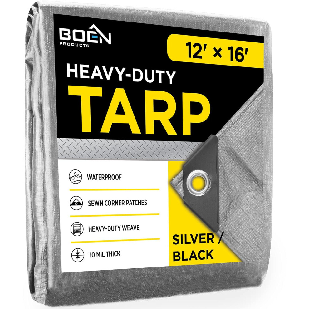 Heavy Duty Tarp Waterproof Large Cover |Silver/Black  12' x 16' 10 Mil Thick | Rip Proof Tarps | Thick Weave Material  UV Resistant Great for Tarpauli-image-OPC-PGHSK7X-NEW