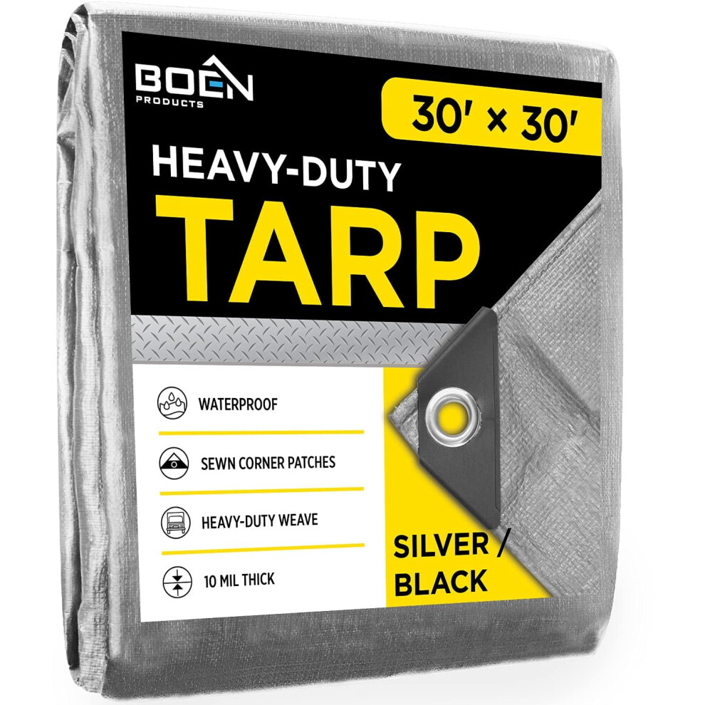 Heavy Duty Tarp Waterproof Large Cover |Silver/Black  30' x 30' 10 Mil Thick | Rip Proof Tarps | Thick Weave Material  UV Resistant Great for Tarpauli-image-OPC-PGHSK9T-NEW