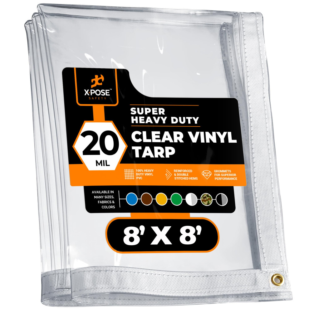 Bâche en vinyle transparent 8' x 8' - Bâche en PVC ultra-résistante et imperméable de 20 mil avec œillets en laiton - pour terrasse, camping, ten
