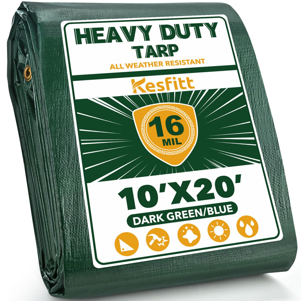 Kesfitt Tarp Heavy Duty Waterproof 10X20ft 16 Mil Thick Tarps Tear&Fade Resistant Uv Resistant Poly Tarp Cover With Grommets And Reinforced Edges For 702465230182