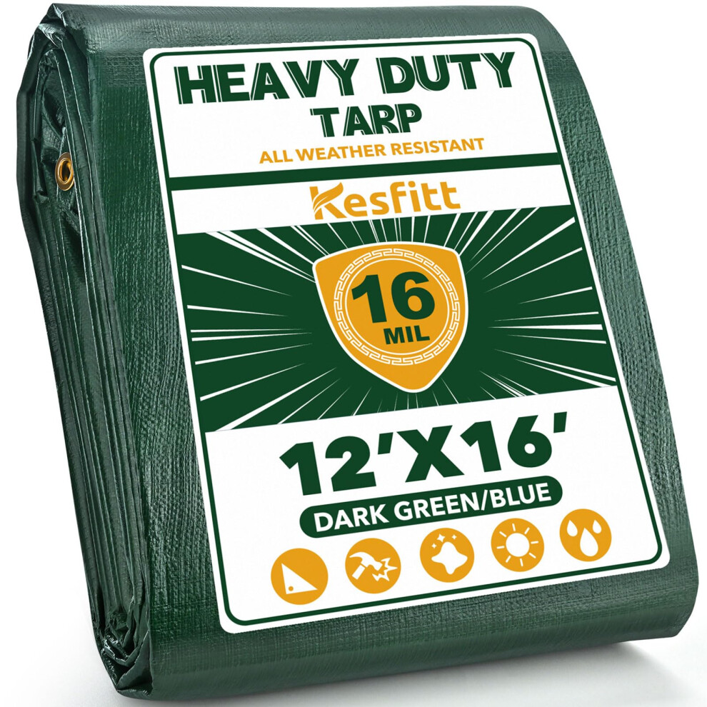 Kesfitt Tarp Heavy Duty Waterproof 12X16ft 16 Mil Thick Tarps Tear&Fade Resistant Uv Resistant Poly Tarp Cover With Grommets And Reinforced Edges For 725650429246