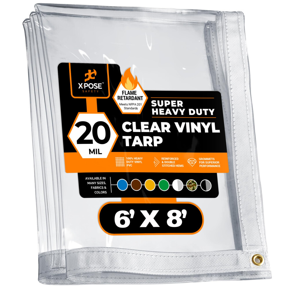 6' x 8' Clear Vinyl Tarp - Fire Retardant 20 Mil Super Heavy Duty Transparent Waterproof PVC Tarpaulin with Brass Grommets - for Patio Enclosure  Temp-image-OPC-PGHSKYB-NEW