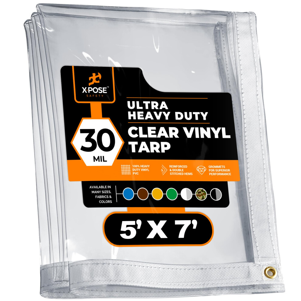 Bâche en vinyle transparent 5' x 7' - Bâche en PVC ultra-résistante et imperméable de 30 mil avec œillets en laiton - pour clôture de patio, mur