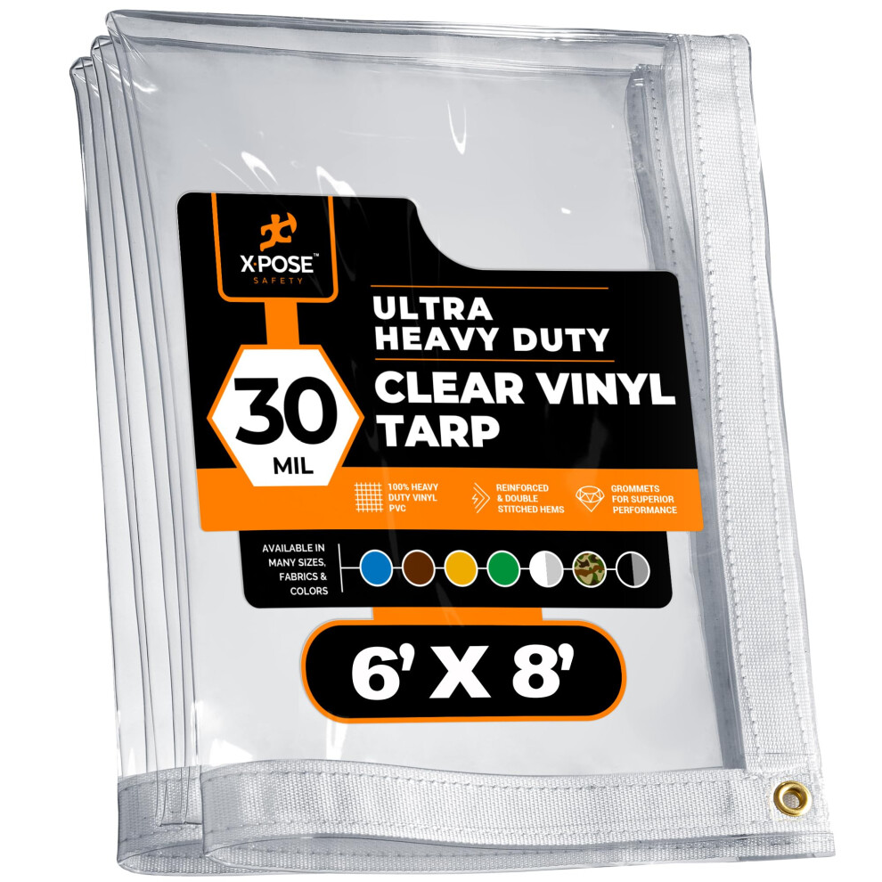Bâche en vinyle transparent 6' x 8' - Bâche en PVC ultra-résistante et imperméable de 30 mil avec œillets en laiton - pour clôture de patio, mur