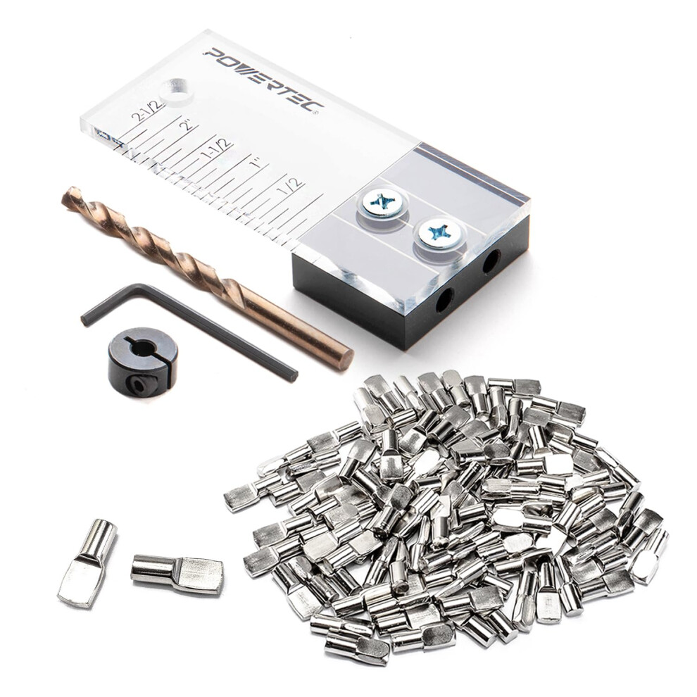 Powertec 72065 1/4 Dowel Drilling Jig & 100Pk 1/4 Shelf Peg Set With Laser Cut Alignment Marker With Depth Scale Cobalt Drill Bit Split Ring Stop Co 843441131359